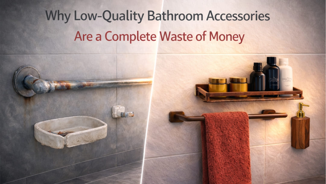 Comparison showing low-quality | bathroom accessories | versus durable, stylish bathroom accessories highlighting why cheap fittings are a waste of money